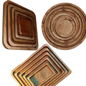 3 مجموعه 5 عددی سینی چوبی دایره مربع مستطیل ( 15 تیکه )