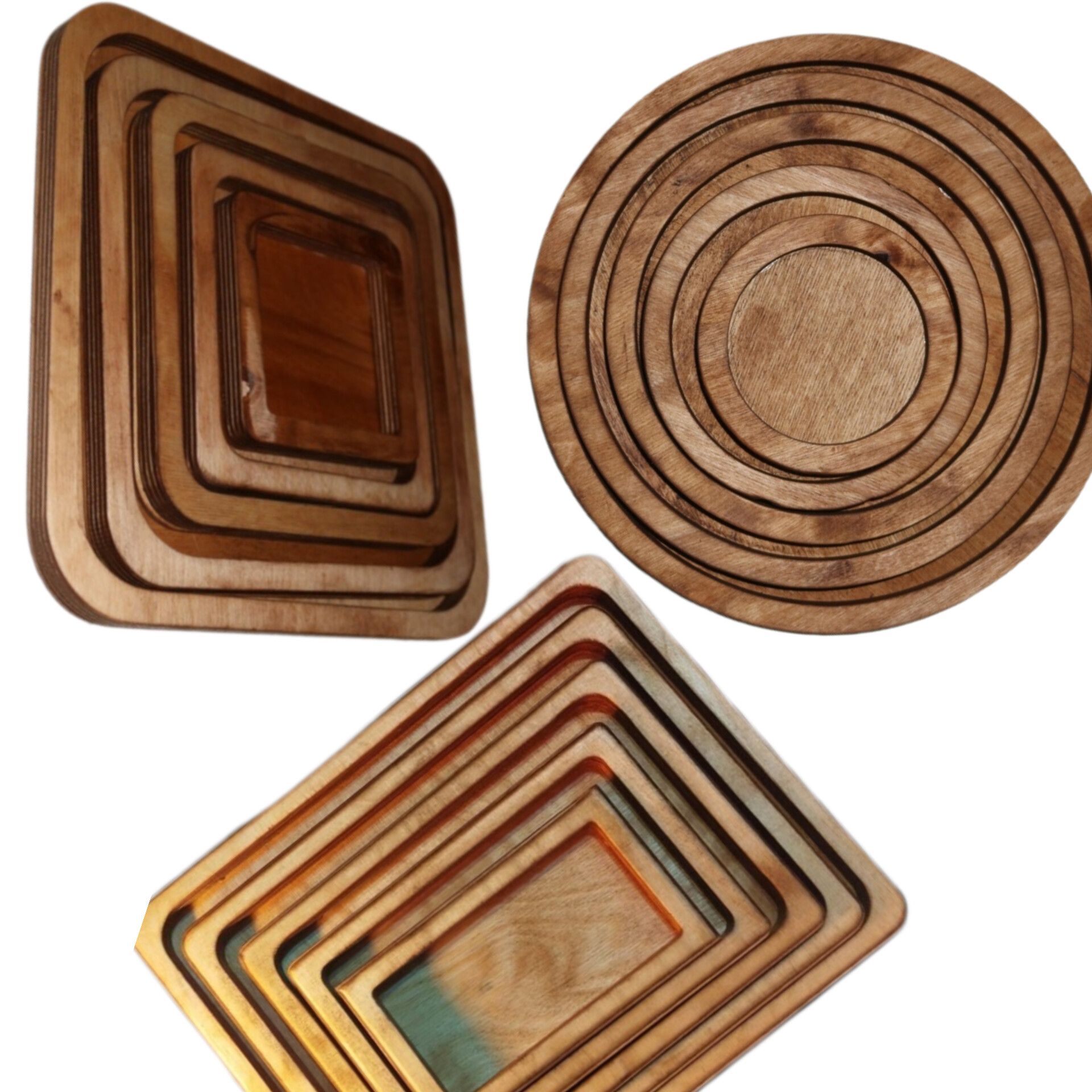 3 مجموعه 5 عددی سینی چوبی دایره مربع مستطیل ( 15 تیکه )