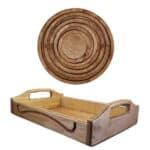 خرید سرویس 2 عددی سینی چوبی 5 تیکه دایره و سینی چایی دسته دار