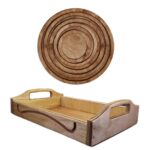 خرید سرویس 2 عددی سینی چوبی 5 تیکه دایره و سینی چایی دسته دار