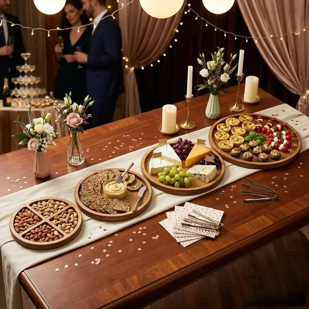 چیدمان سینی چوبی گرد فینگرفود و پذیرایی رُزیکوود سینی چوبی گرد فینگرفود و پذیرایی تالار و کترینگ رُزیکوود